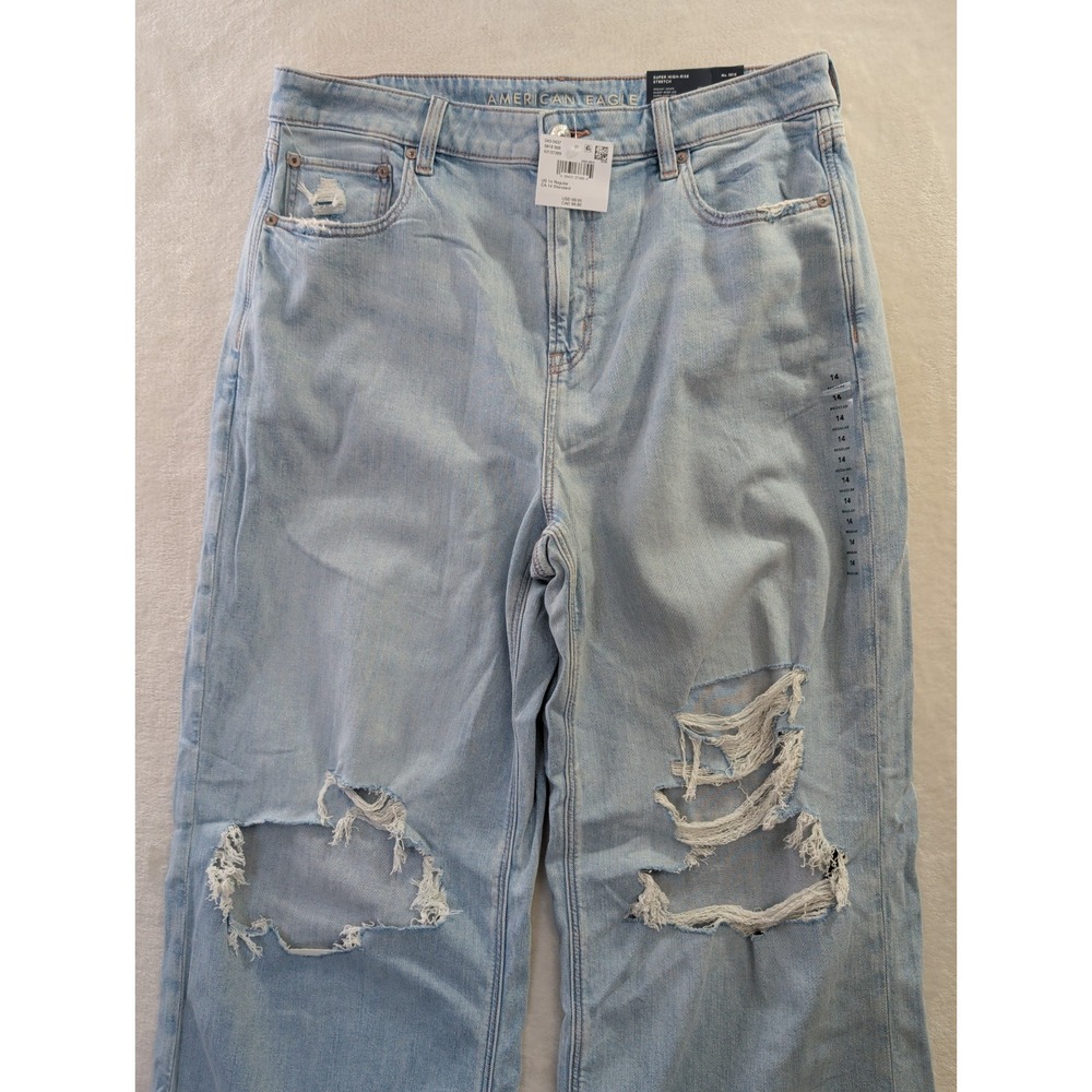 American Eagle Super High Rise Baggy Wide Leg Jeans Womens 14 Blue Distressed - Picture 3 of 9